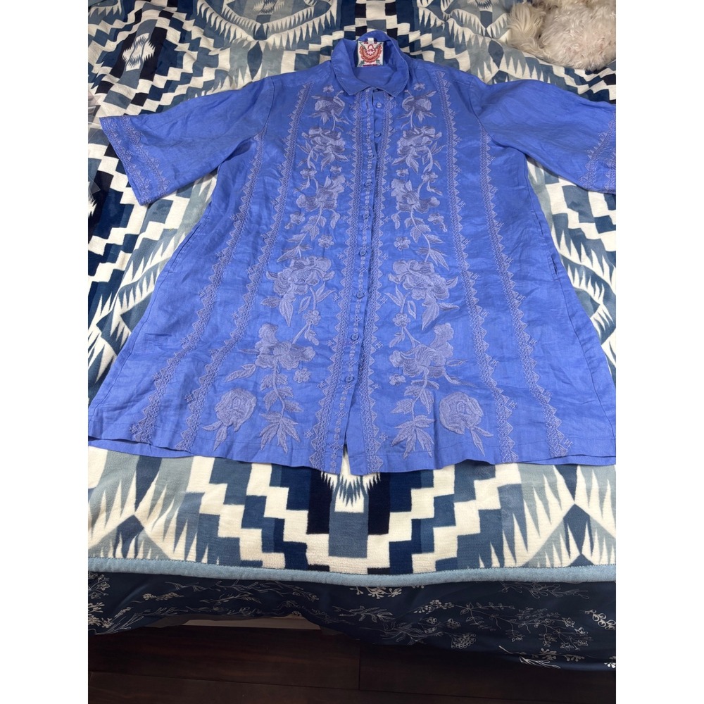 Johnny Was Blue Embroidered Linen Button Down Tunic Shirt XL Pockets Boho 7263